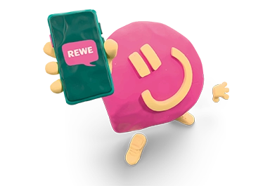 Bo hält Handy mit der REWE App